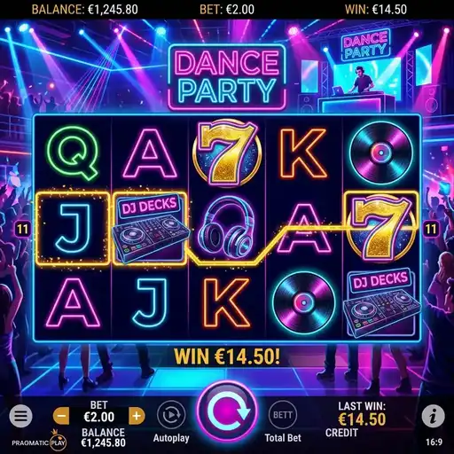 Dance Party neon nightclub slot with DJ booth and pulsing laser light effects