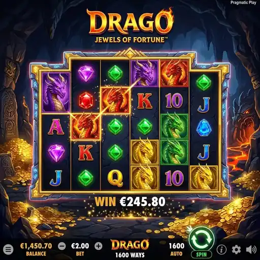 Drago Jewels of Fortune base game with dragon symbols and 1,600 ways