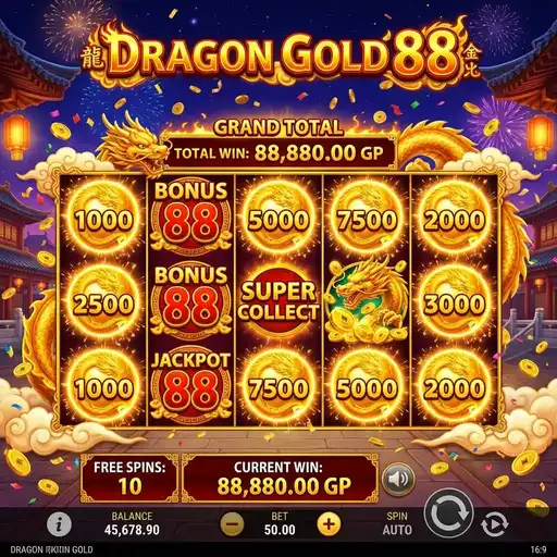 Dragon Gold 88 Hold and Spin feature with lucky 88 coin denominations locked on grid and Minor jackpot corner active