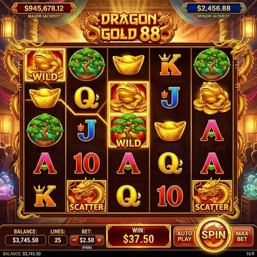 Dragon Gold 88 slot 5x3 grid Asian dragon theme with lucky 88 coin values Hold and Spin gold and red design