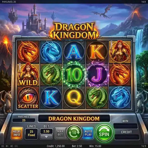 Dragon Kingdom slot 5x3 grid classic Asian dragon theme 25 paylines stacked wild symbols simple traditional design