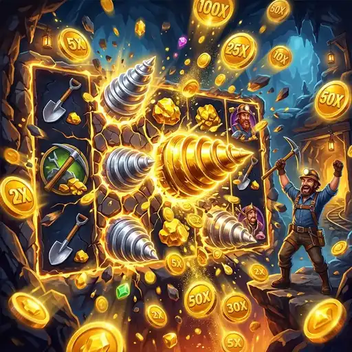 Drill That Gold Hold and Spin drill descending through rock layers gold vein prizes multiplier reveals