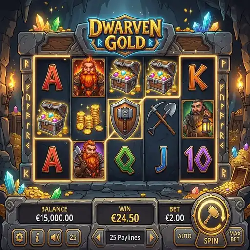 Dwarven Gold slot base game with dwarf mining symbols and 25 paylines