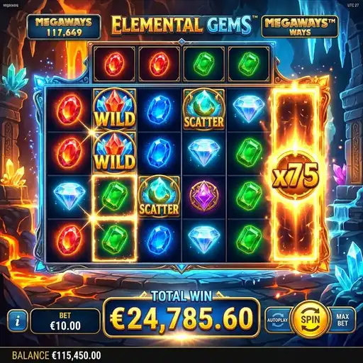 Elemental Gems Megaways free spins with progressive gem collection meters and cascading wins on fantasy crystal grid