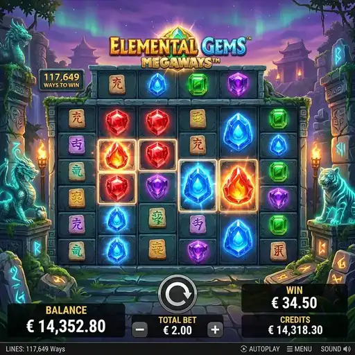 Elemental Gems Megaways slot 6 reel variable grid 46656 ways medium volatility gem collection fantasy theme