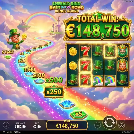 Emerald King Rainbow Road free spins rainbow path marker at high multiplier position cascading leprechaun wins