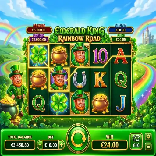 Emerald King Rainbow Road slot Megaways grid Irish leprechaun theme rainbow multiplier path above reels