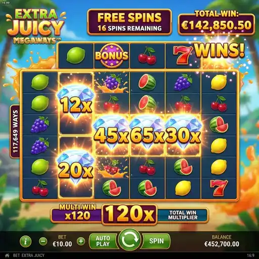 Extra Juicy Megaways free spins with persistent multiplier cascading fruit wins watermelons and grapes at high multiplier