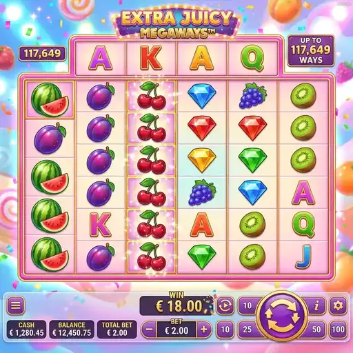 Extra Juicy Megaways slot 6 reel variable grid classic fruit theme cascading wins cherries oranges watermelons