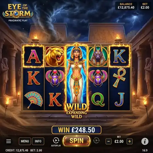 Eye of the Storm slot 5x5 grid 10 paylines expanding wilds storm multiplier mythology lightning dark clouds