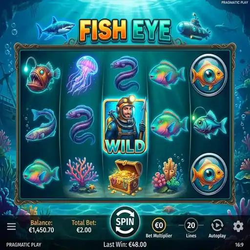 Fish Eye slot base game with fishing symbols and compact reel grid
