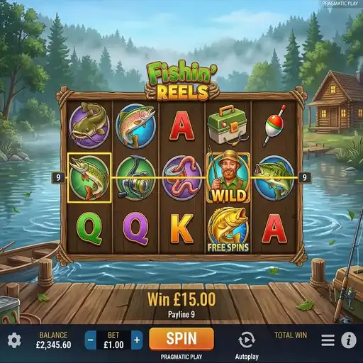 Fishin Reels slot base game with fishing symbols