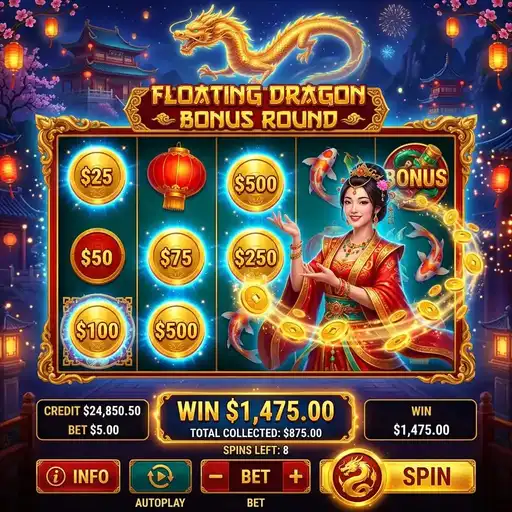Floating Dragon Hold and Spin feature with locked dragon coins and jackpot corners on Asian themed 5x3 grid