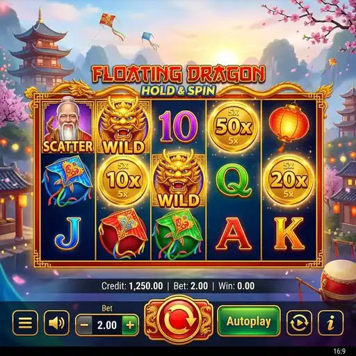 Floating Dragon Hold and Spin slot 5x3 grid with bonus buy option dragon coin collect and Asian red gold theme