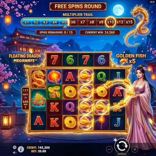Floating Dragon Megaways free spins with cascading multiplier trail active on variable reel dragon themed grid