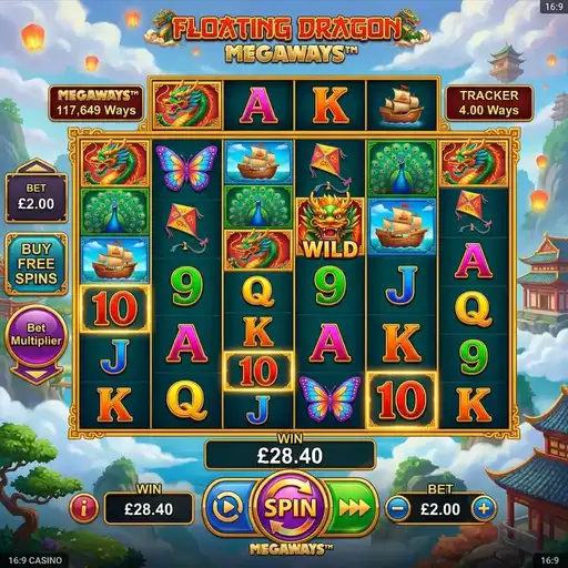 Floating Dragon Megaways slot 6 reel variable grid Megaways with Asian dragon theme cascading wins tumble mechanics