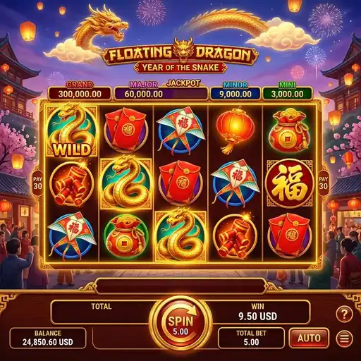Floating Dragon Year of the Snake slot 5x3 grid with Chinese zodiac snake theme expanding wilds and dragon coins