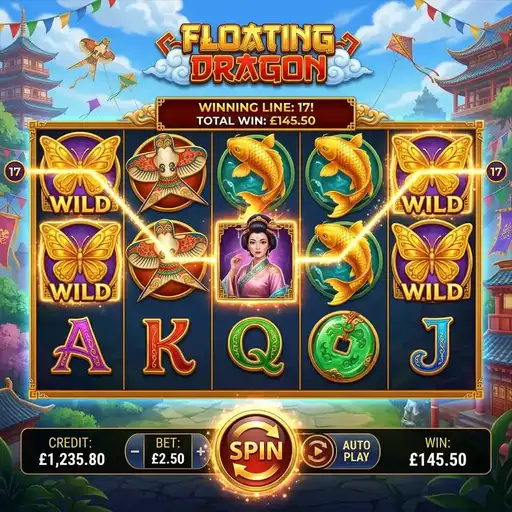 Floating Dragon slot 5x3 grid with Asian dragon theme red and gold coin symbols Hold and Spin mechanic