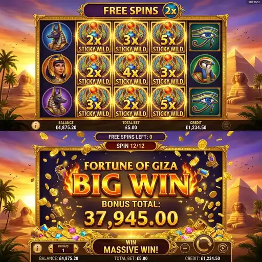 Fortune of Giza free spins sticky wilds accumulating locked positions golden pyramid Egyptian temple