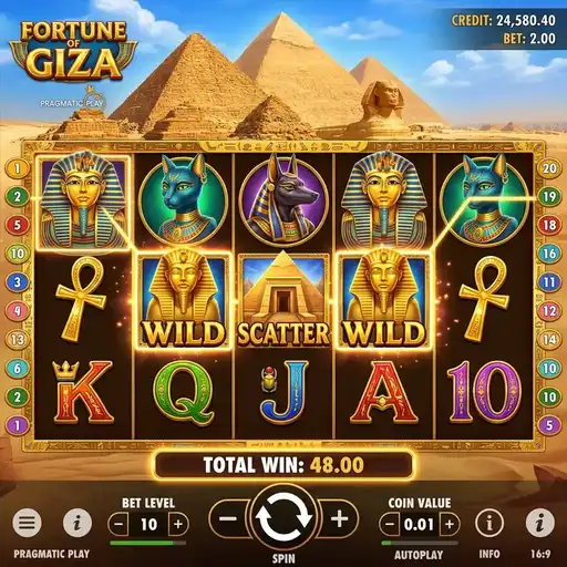 Fortune of Giza slot 5x3 grid 20 paylines sticky wilds Egyptian Giza pyramids golden desert theme