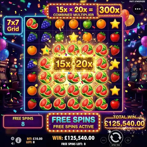 Fruit Party 2 free spins with adjacent multiplier symbols stacking multiplication showing combined fruit cluster pay