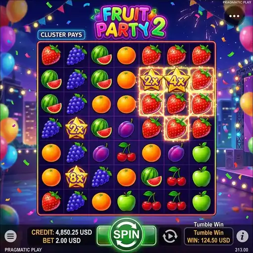 Fruit Party 2 slot 7x7 grid with cluster pays and fruit multiplier symbols on colorful party backdrop