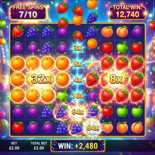 Fruit Party slot bonus round with random multiplier values on grid positions