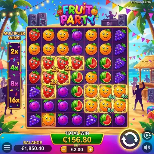 Fruit Party slot 7x7 cluster grid with cartoon fruit symbols