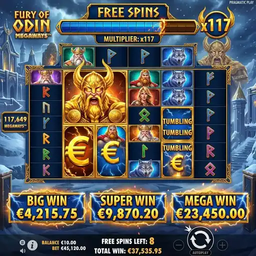 Fury of Odin Megaways free spins with persistent multiplier trail Norse runes cascading reels and high multiplier