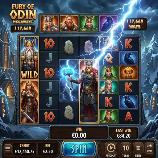 Fury of Odin Megaways slot 6 reel variable grid Norse mythology theme with multiplier trail and cascading wins