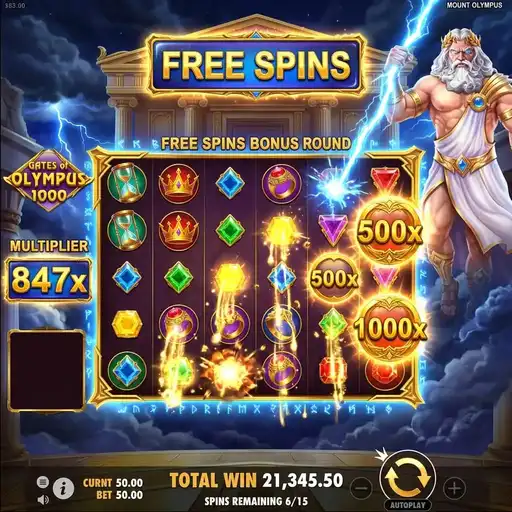 Gates of Olympus 1000 free spins bonus with massive accumulated multiplier display