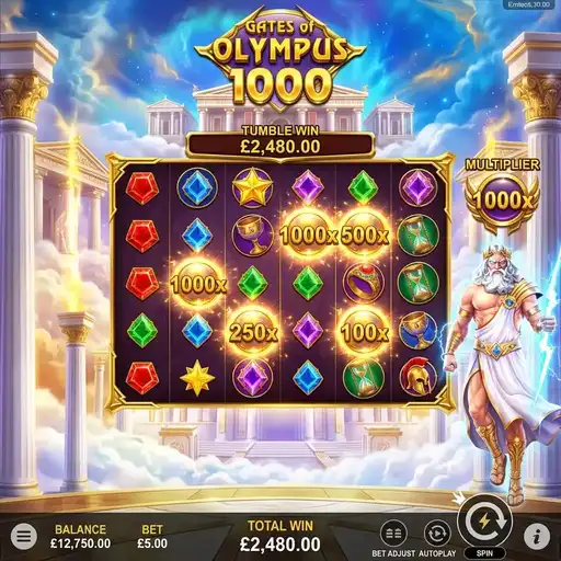 Gates of Olympus 1000 slot 6x5 grid with enhanced multiplier orbs up to 1000x