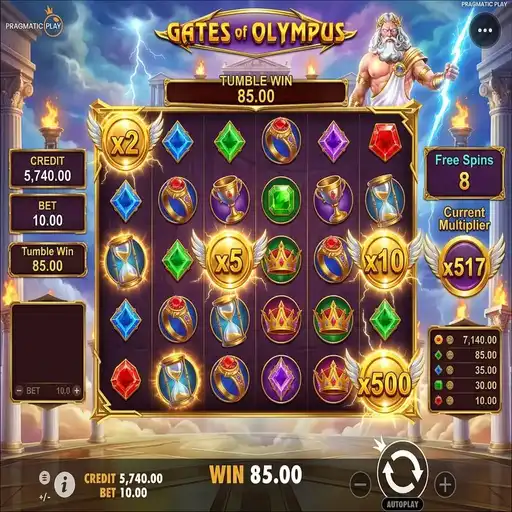 Gates of Olympus slot base game grid with gem symbols and Zeus background