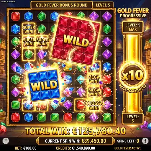 Gems Bonanza Lucky Round with multiplier modifiers on 8x8 cluster grid cascade chain