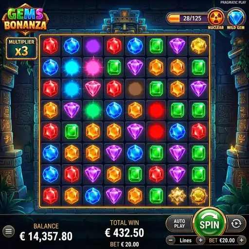Gems Bonanza 8x8 cluster pays grid with gem symbols and cascading tumble mechanics
