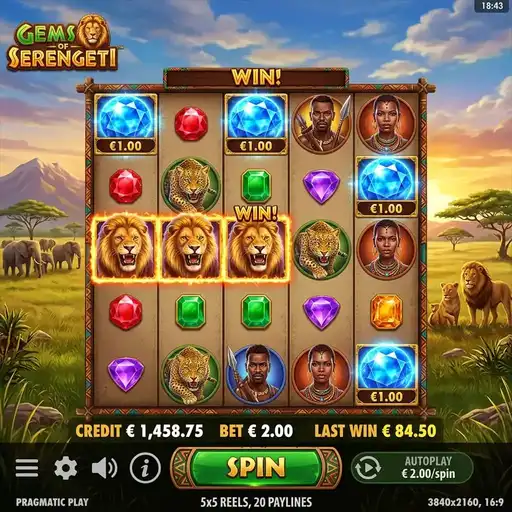 Gems of Serengeti 5x5 cluster pays grid with African gemstone symbols on warm savanna backdrop