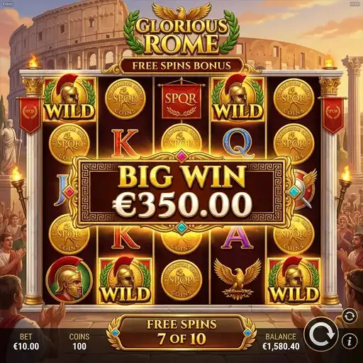 Glorious Rome free spins with Colosseum crowd multiplier bonus building to arena roar