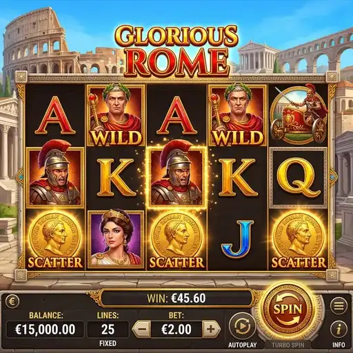 Glorious Rome slot base game with Roman symbols and 20 paylines
