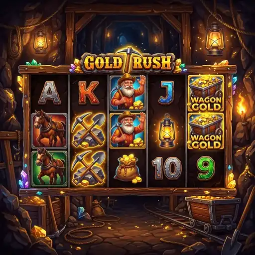 Gold Rush slot 5x3 grid with Wild West gold mine theme and dynamite scatter symbols