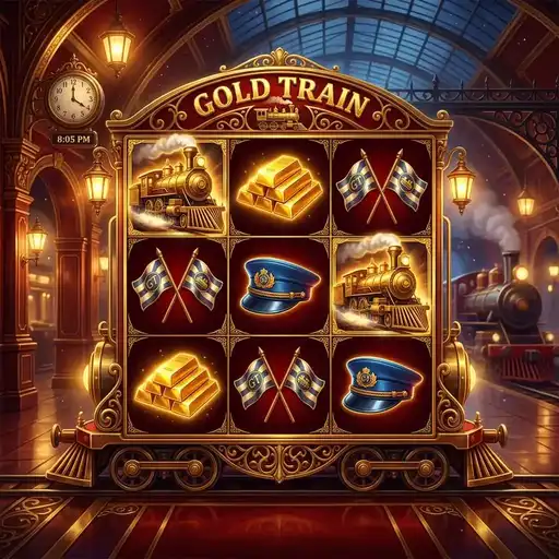 Gold Train slot 3x3 grid with progressive train bonus meter filling with gold cargo