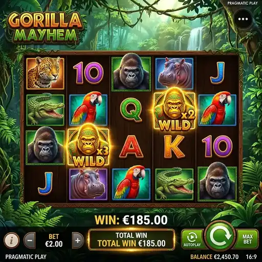 Gorilla Mayhem slot 5x4 grid with silverback gorilla wild symbol in dense jungle setting