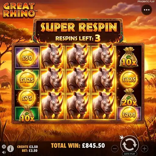 Great Rhino free spins bonus with stacked rhino symbols covering multiple reels and payline wins on African savanna