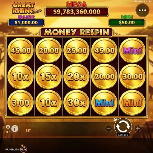 Great Rhino Deluxe Money Respin with locked coin symbols and Minor jackpot corner active on 5x3 African safari grid