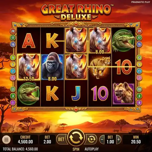 Great Rhino Deluxe base game with safari animals and 20 fixed paylines
