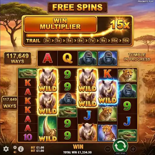 Great Rhino Megaways free spins with multiplier trail active cascading tumble wins and high way count on savanna backdrop