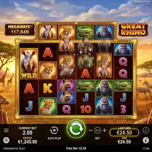 Great Rhino Megaways slot 6 reel variable grid Megaways 200704 ways with African savanna backdrop tumble cascades