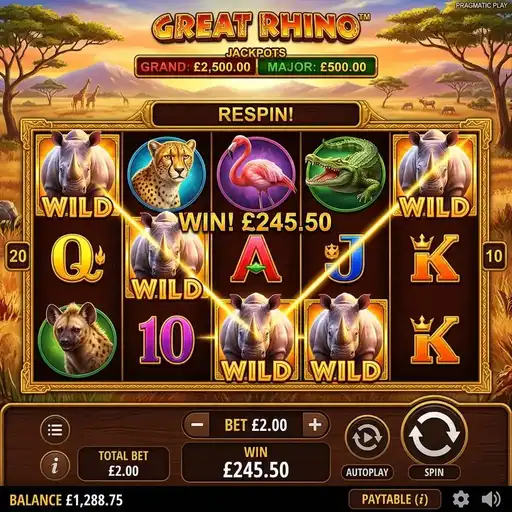 Great Rhino slot 5x3 grid with African savanna backdrop stacked rhino symbols and safari wildlife theme