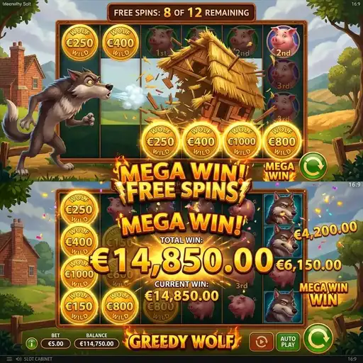 Greedy Wolf bonus round with wolf feature symbols