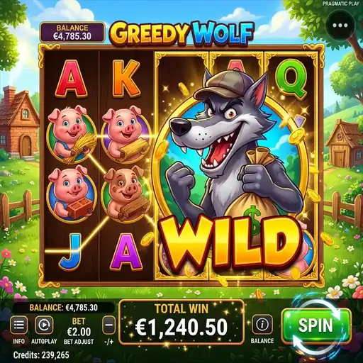 Greedy Wolf slot showing wolf eating mechanic on 5x3 grid with fairy tale forest theme