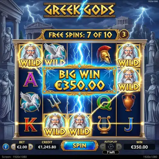 Greek Gods free spins with Poseidon trident wild expansion on temple grid